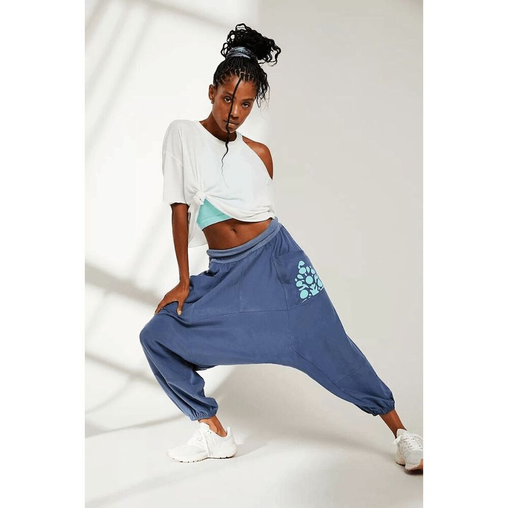 Free People Blue Joggers with Teal Floral Design